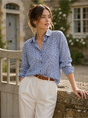 Liberty London Floral Cotton Shirt L Blue Art Fabric Tana Lawn